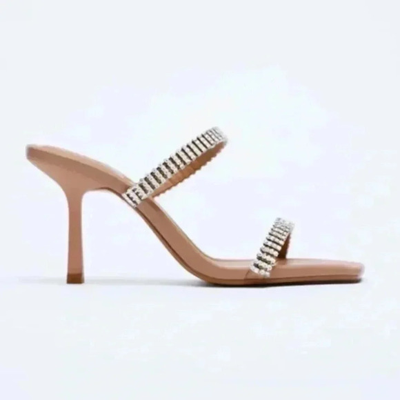 NWT Zara Rhinestone Strap Heeled Leather Sandals size 37 6.5 US - Picture 3 of 14